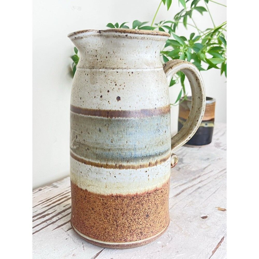 Vintage Hand Thrown Artisan Earthtone Pottery Pitcher Water Jug 8” x 6.5” Boho